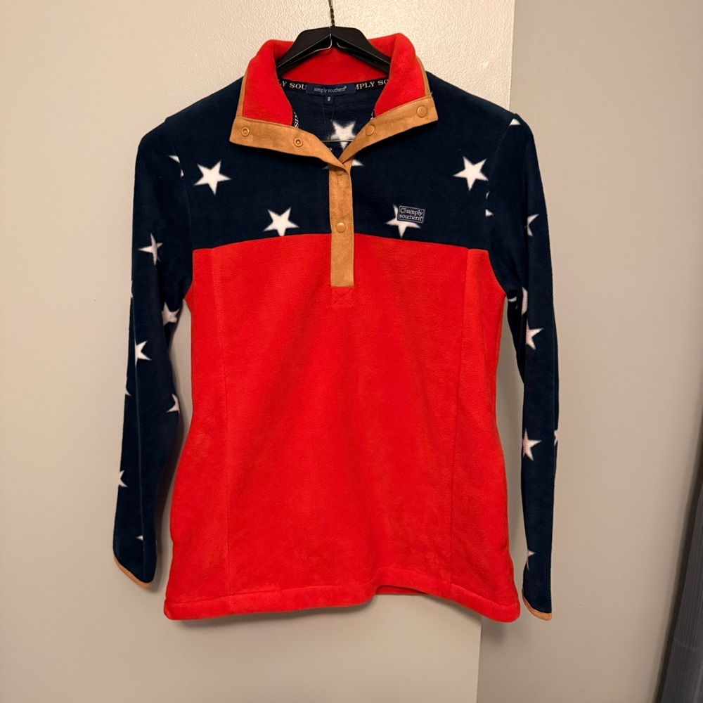 Simply Southern Americana Patriotic Star Red White Blue Fleece Pullover Small